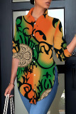 Casual Print Buttons Slit Shirt Collar Tops