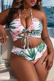 Sexy Print Bandage Backless Slit Halter Plus Size Swimwear Three Piece Set (With Paddings)