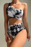 Sexy Print Tie Dye Hollowed Out Patchwork Backless Swimwears (With Paddings)