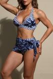 Sexy Print Bandage Backless Swimsuit Three Piece Set (With Paddings)
