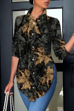 Casual Print Buttons Slit Shirt Collar Tops