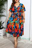 Casual Print Patchwork V Neck Plus Size Dresses