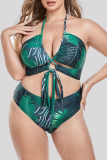 Sexy Print Bandage Backless Halter Plus Size Swimwear Three Piece Set (With Paddings)