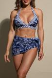 Sexy Print Bandage Backless Swimsuit Three Piece Set (With Paddings)