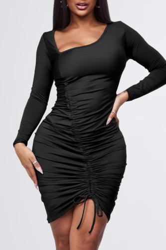 Casual Solid Draw String Frenulum Oblique Collar Long Sleeve Dresses