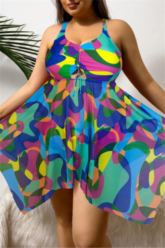 Sexy Print Hollowed Out Backless Asymmetrical U Neck Plus Size Swimwear