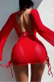 Sexy Solid Frenulum Backless Swimsuit Three Piece Set (With Paddings)