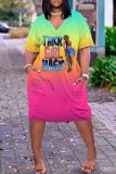 Casual Gradient Print Basic V Neck Short Sleeve Short Sleeve Dress