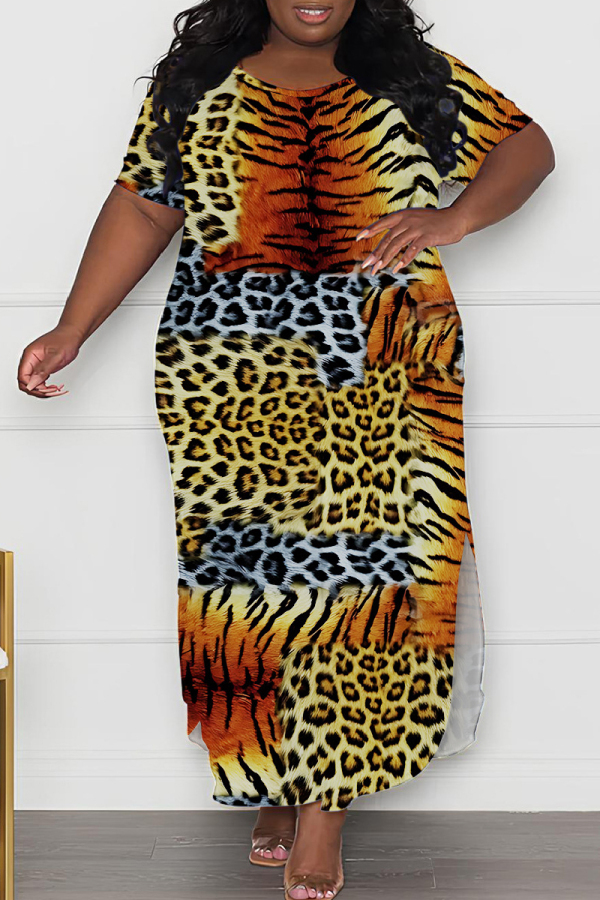 Casual Print Leopard Slit O Neck Long Plus Size Dresses