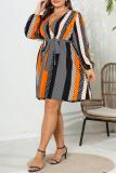 Casual Print Frenulum V Neck Long Sleeve Plus Size Dresses
