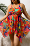 Sexy Print Hollowed Out Backless Asymmetrical U Neck Plus Size Swimwear
