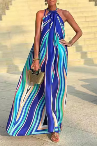Sexy Striped Print Frenulum Contrast Halter Printed Dresses Sexy Striped Print Frenulum Contrast Halter Printed Dresses