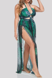 Sexy Print Bandage Backless Halter Plus Size Swimwear Three Piece Set (With Paddings)