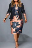 Casual Print Patchwork Three Quarter Two Pieces