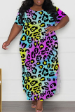 Casual Print Leopard Slit O Neck Long Plus Size Dresses