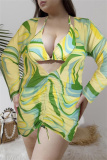 Sexy Print Bandage Plus Size Swimsuit Three Piece Set (With Paddings)