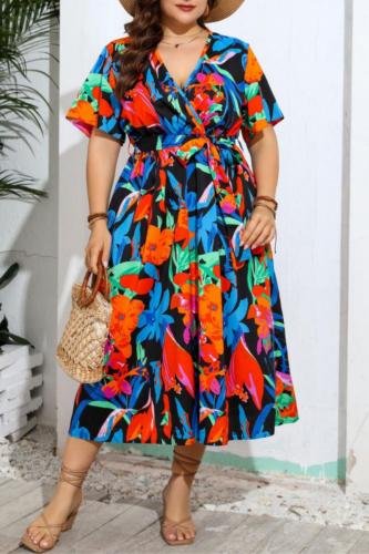 Casual Print Patchwork V Neck Plus Size Dresses