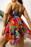 Sexy Print Hollowed Out Backless Asymmetrical U Neck Plus Size Swimwear