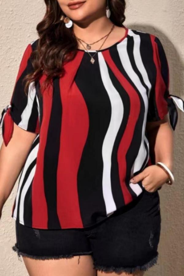 Casual Striped Print Frenulum O Neck Plus Size Tops