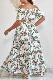 Casual Print Patchwork Slit Off the Shoulder Plus Size Two Pieces