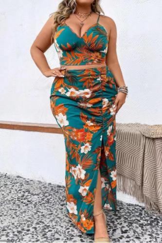 Sexy Print Backless Slit Spaghetti Strap Plus Size Two Pieces