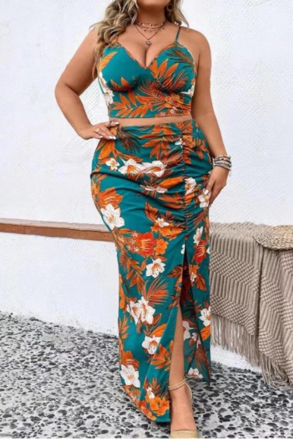 Sexy Print Backless Slit Spaghetti Strap Plus Size Two Pieces