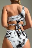 Sexy Print Tie Dye Hollowed Out Patchwork Backless Swimwears (With Paddings)