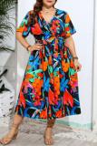 Casual Print Patchwork V Neck Plus Size Dresses