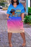 Casual Gradient Print Basic V Neck Short Sleeve Short Sleeve Dress