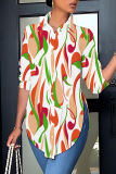 Casual Print Buttons Slit Shirt Collar Tops