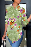 Casual Print Buttons Slit Shirt Collar Tops