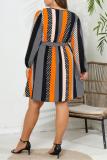 Casual Print Frenulum V Neck Long Sleeve Plus Size Dresses