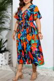 Casual Print Patchwork V Neck Plus Size Dresses
