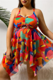 Sexy Print Hollowed Out Backless Asymmetrical U Neck Plus Size Swimwear