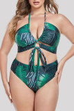 Sexy Print Bandage Backless Halter Plus Size Swimwear Three Piece Set (With Paddings)