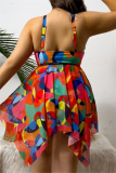 Sexy Print Hollowed Out Backless Asymmetrical U Neck Plus Size Swimwear