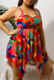 Sexy Print Hollowed Out Backless Asymmetrical U Neck Plus Size Swimwear