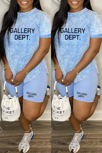 Light Blue Casual Daily Letter Print Basic O Neck Short Sleeve Two Pieces