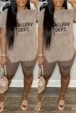Black Casual Daily Letter Print Basic O Neck Short Sleeve Two Pieces
