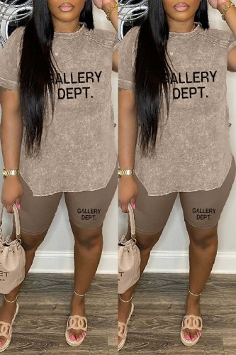 Dark Gray Casual Daily Letter Print Basic O Neck Short Sleeve Two Pieces
