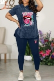 Light Blue Casual Print Basic O Neck Short Sleeve Two Pieces