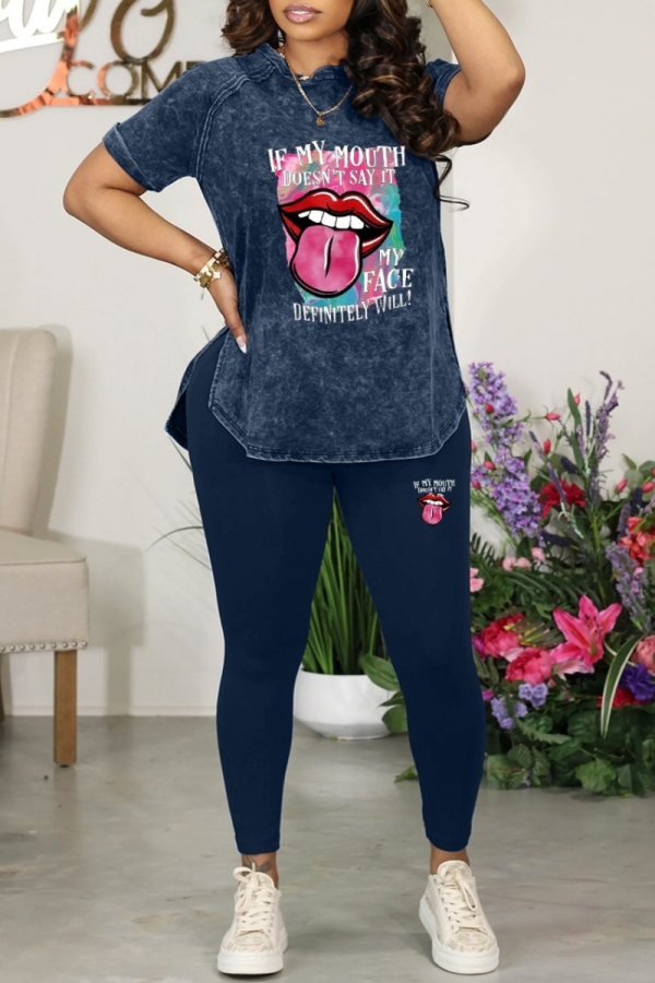 Blue Casual Print Basic O Neck Short Sleeve Two Pieces
