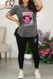Blue Casual Print Basic O Neck Short Sleeve Two Pieces