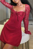Sexy Solid Patchwork Square Collar Long Sleeve Dresses