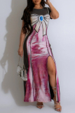 Casual Print Slit O Neck Short Sleeve Dresses