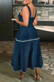 Elegant Tassel Patchwork Backless Contrast Asymmetrical Collar A Line Plus Size Dresses