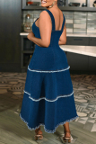 Sweet Solid Tassel Patchwork Backless Asymmetrical Collar A Line Plus Size Dresses