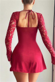 Sexy Solid Patchwork Square Collar Long Sleeve Dresses