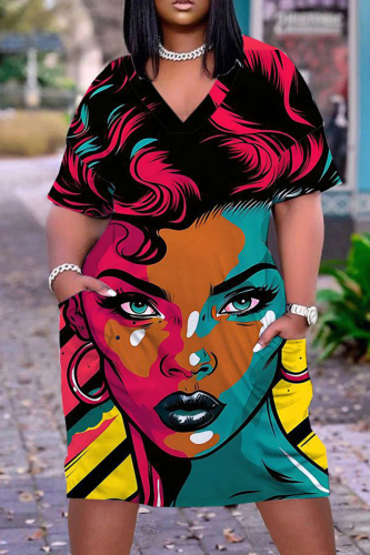 Casual Print Basic V Neck Short Sleeve Short Sleeve Dress