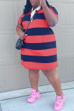 Casual Striped Print Patchwork Turndown Collar Short Sleeve Plus Size Dresses